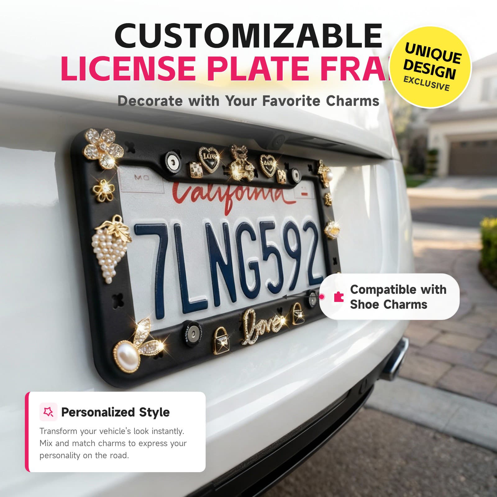 Anime charms installed in a MakoAuto clear TPU license plate frame