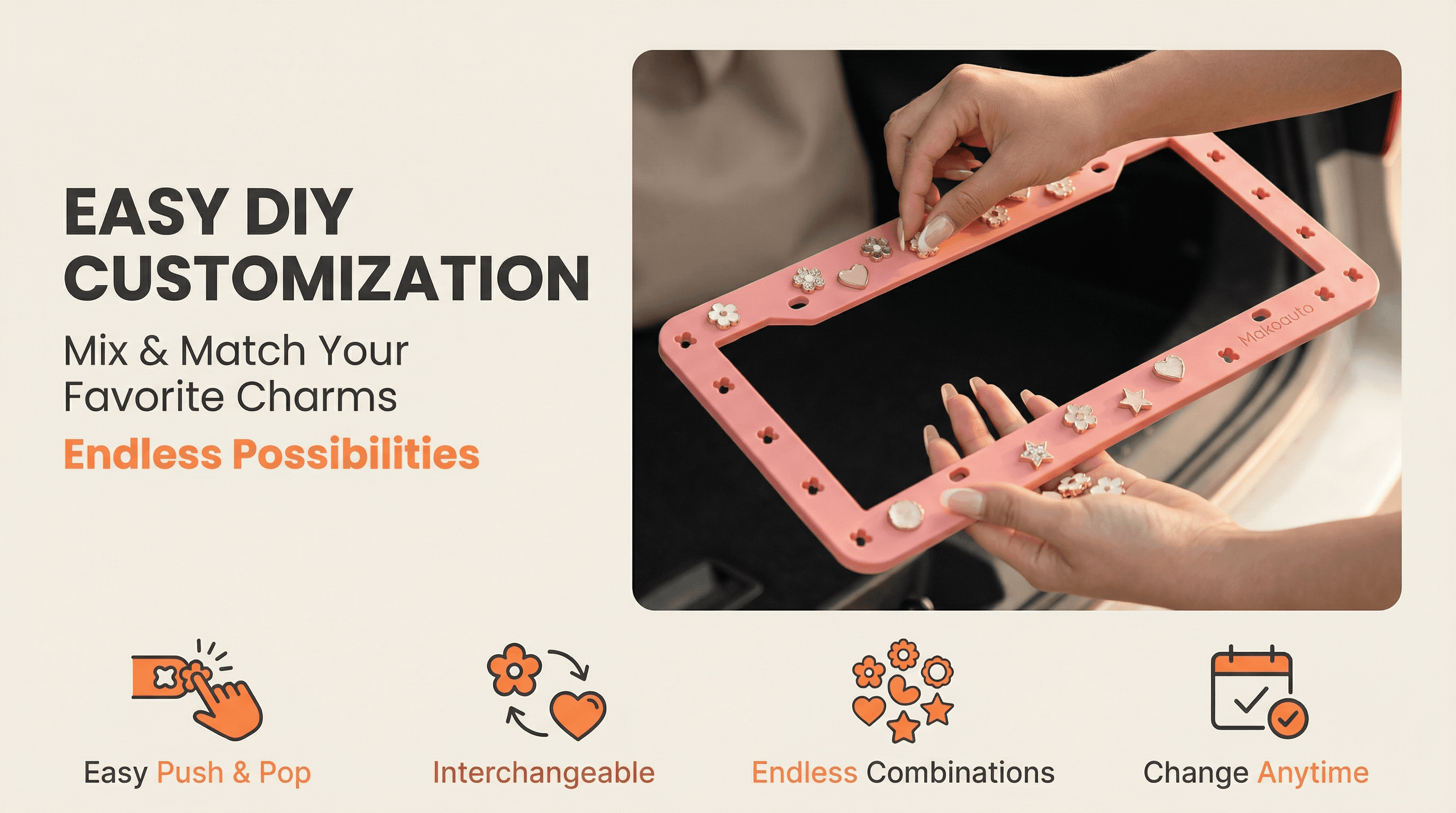 Hands pressing charms into a MakoAuto TPU license plate frame