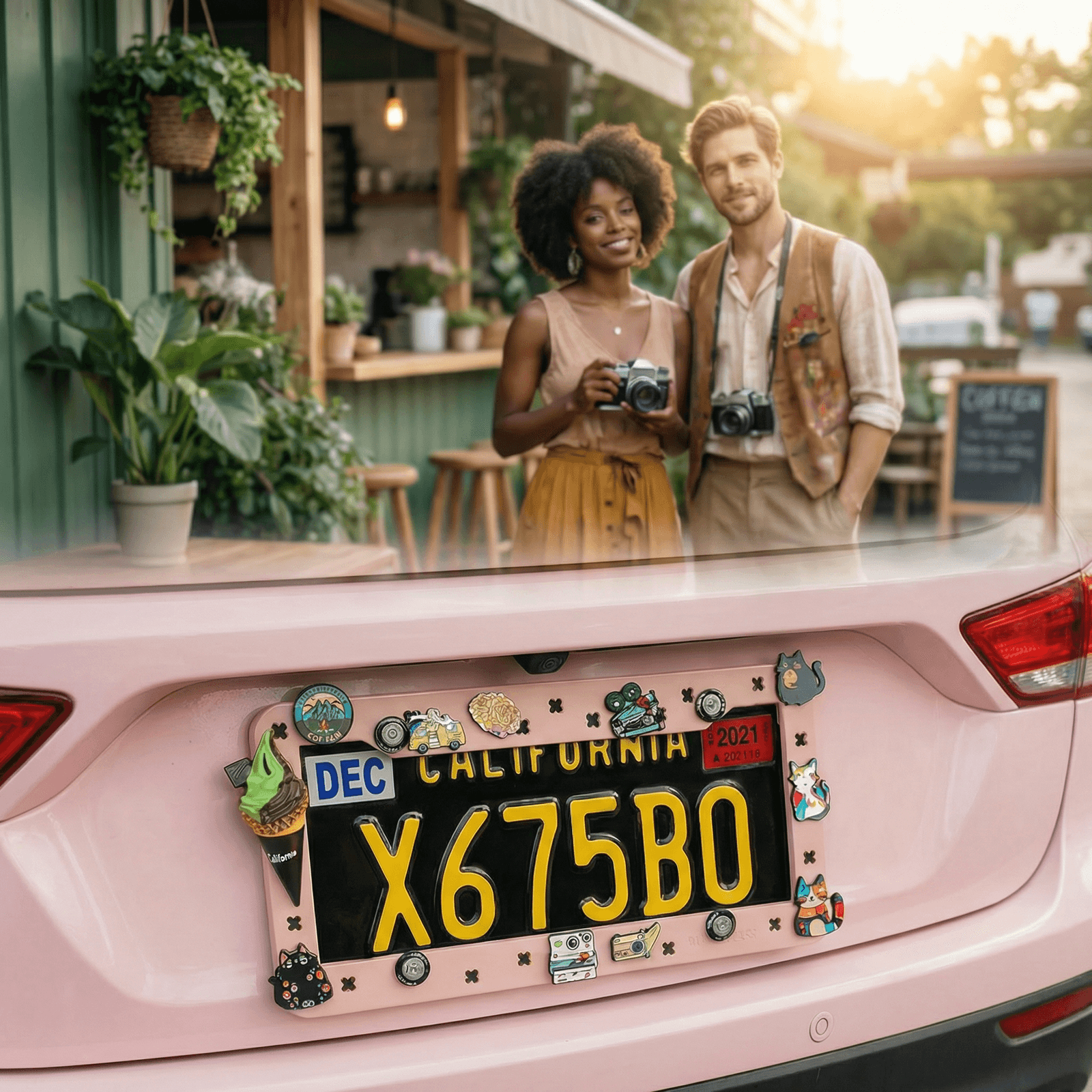 Woman smiling beside a car with a MakoAuto DIY charm-decorated license plate frame